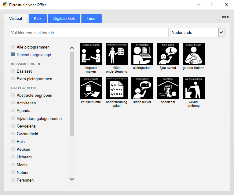 Screenshot Pictostudio voor Office met overzicht van recent toegevoegde pictogrammen.