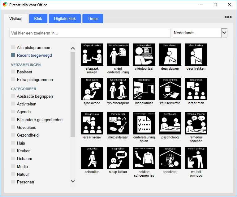 Screenshot Pictostudio voor Office met een overzicht van recent toegevoegde pictogrammen, zoals psycholoog, deur duwen, deur trekken, muziekleraar, leraar vrouw, leraar man, fysiotherapeut, kleedkamer en schooltas.