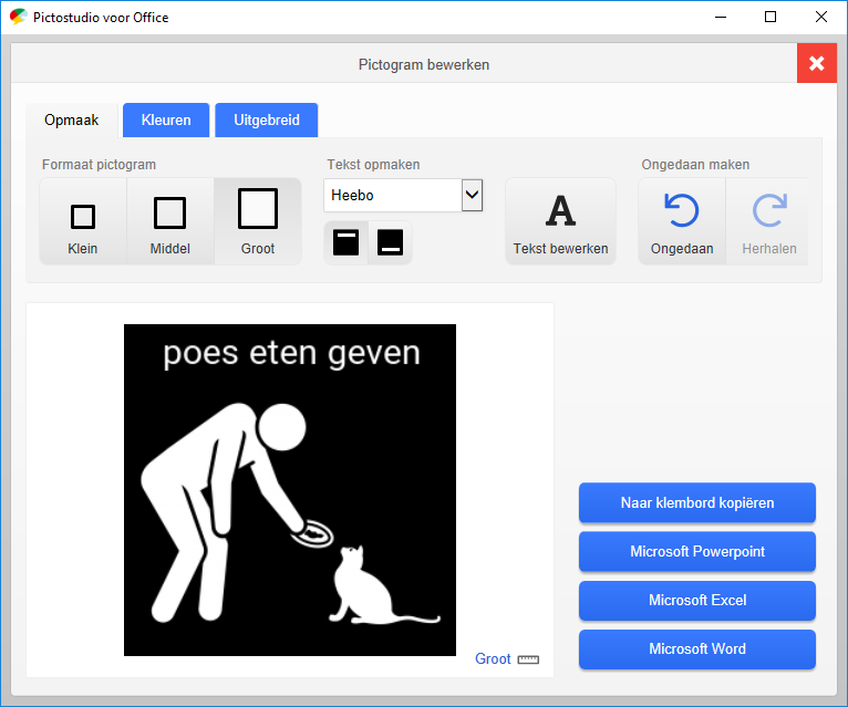 Screenshot bewerken pictogram 'poes eten geven' in Pictostudio voor Office.