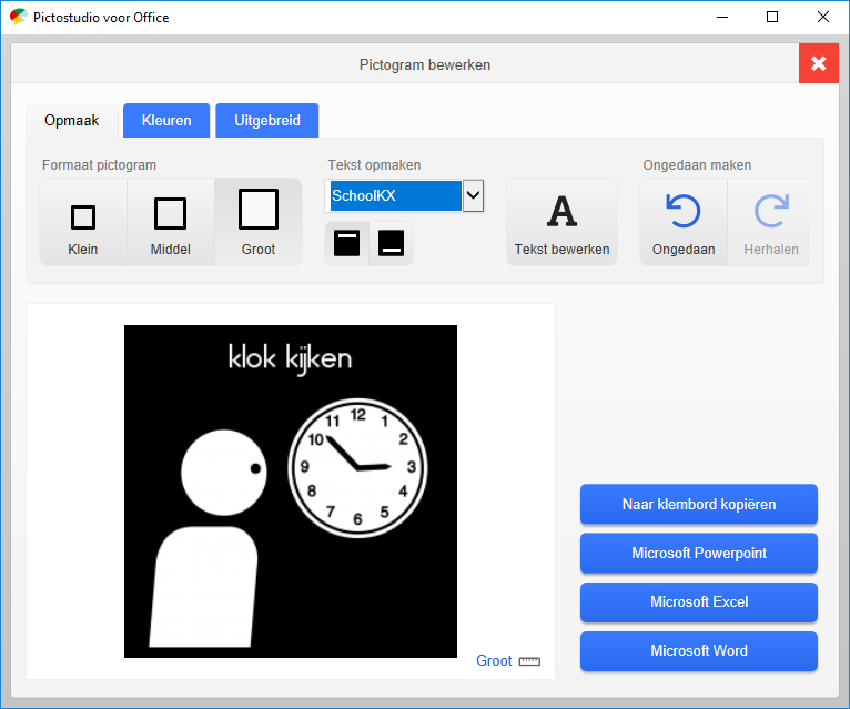 Screenshot pictogram bewerken 'klok kijken' in Pictostudio voor Office.
