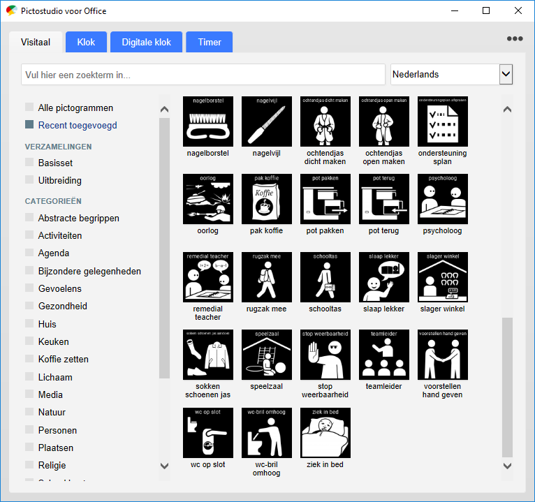Screenshot met overzicht van nieuwe pictogrammen, waaronder afspraakje, voorstellen hand geven, stop weerbaarheid, teamleider, aanraken eigen lichaam, anticonceptiepil injectiespuit, ochtendjas dicht maken, ochtendjas open maken, ziek in bed, fysiotherapie oefening en logopedie mond.
