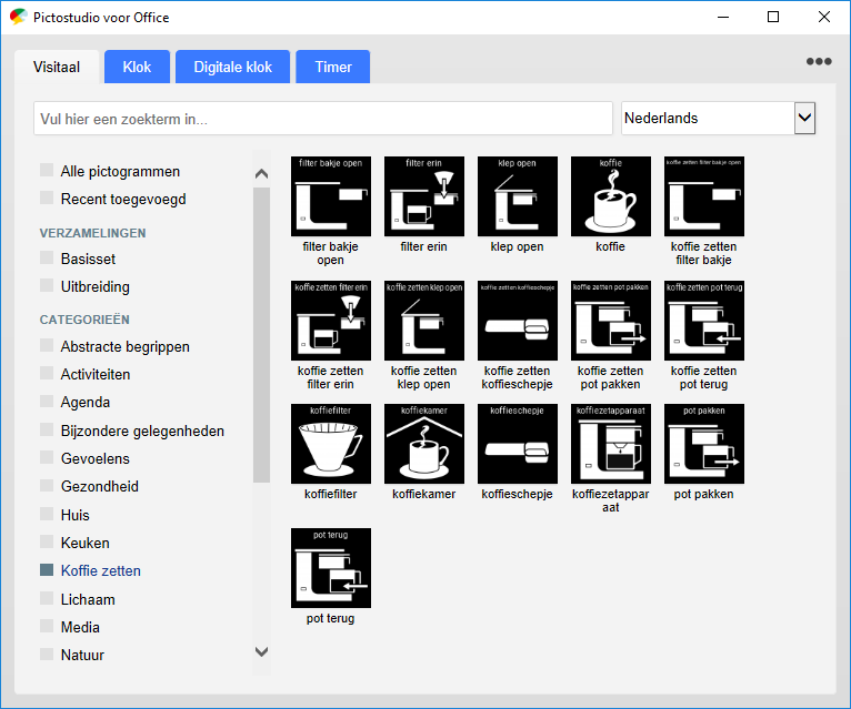 Screenshot Pictostudio voor Office met categorie 'Koffie zetten' uitgelicht.