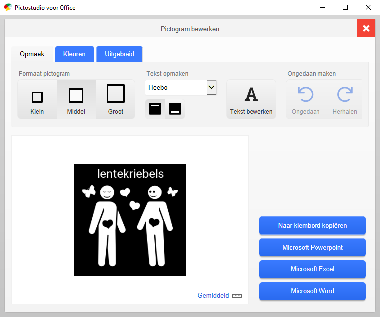 Screenshot pictogram 'lentekriebels' bewerken in Pictostudio voor Office.