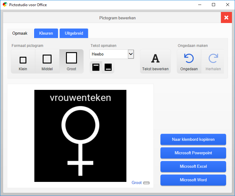 Screenshot pictogram 'vrouwenteken' bewerken met Pictostudio voor Office.