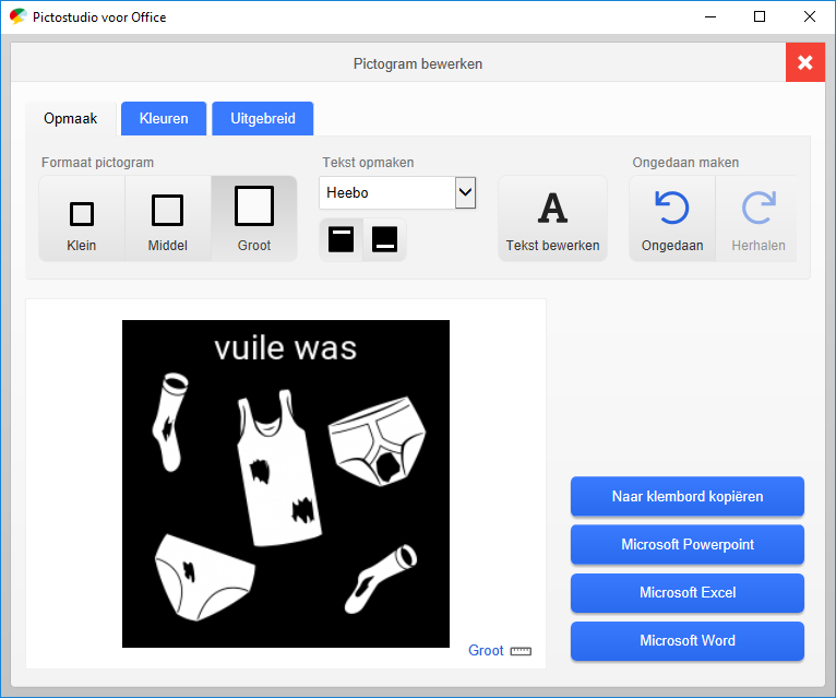 Screenshot pictogram 'vuile was' bewerken met Pictostudio voor Office.