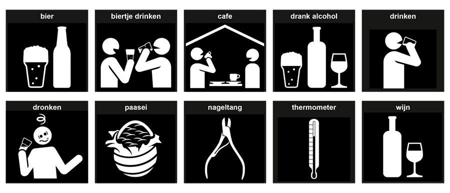 Visitaal-pictogrammen voor bier, biertje drinken, cafe, drank alcohol, dronken, paasei, nageltang, thermometer en wijn.