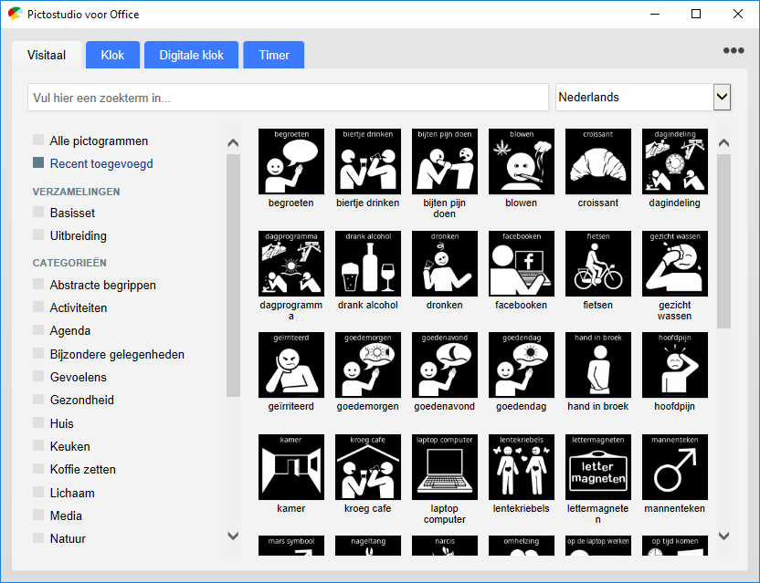 Screenshot 'recent toegevoegde pictogrammen' in Pictostudio voor Office, met o.a. pictogrammen voor bakfiets, fietsen, geïrriteerd, gezicht wassen, hoofdpijn, rommel weggooien, tanden poetsen, verzorgen op bed en wassen wastafel.