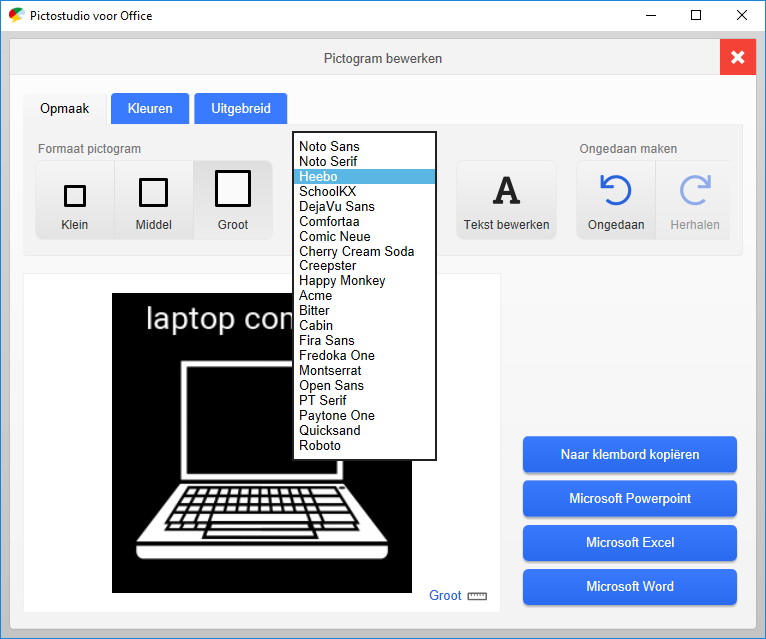 Screenshot pictogram bewerken, wijzig lettertype in Pictostudio voor Office.