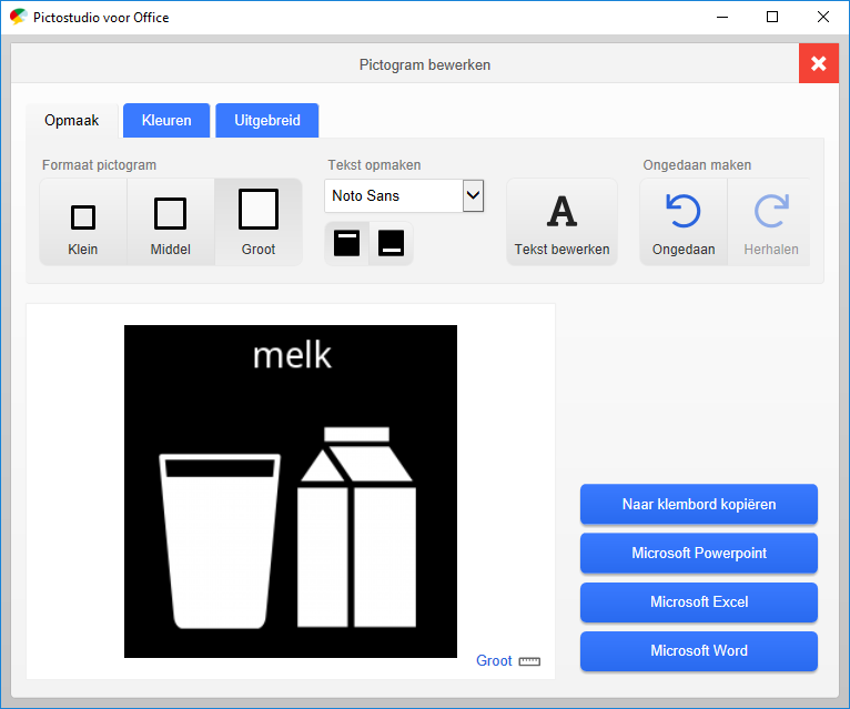 Screenshot pictogram 'melk' bewerken met Pictostudio voor Office.