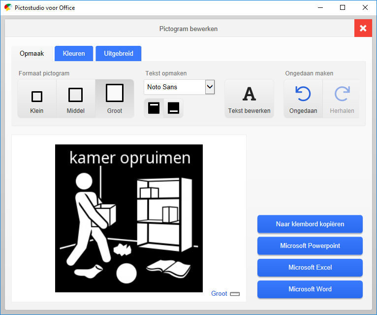 Screenshot pictogram 'kamer opruimen' bewerken.