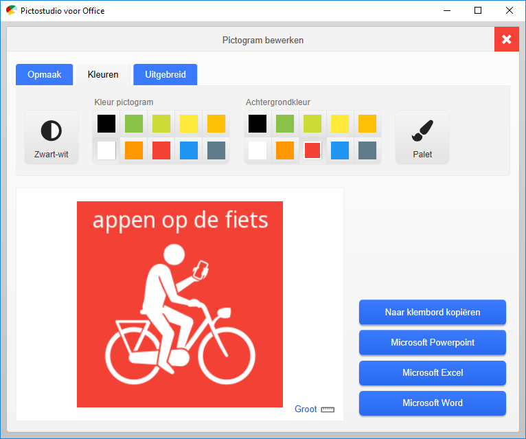 Screenshot pictogram 'appen op de fiets' bewerken in Pictostudio voor Office, met rode achtergrond.