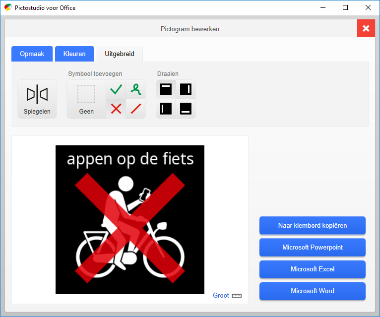 Screenshot pictogram 'appen op de fiets' bewerken in Pictostudio voor Office, met rood kruis.
