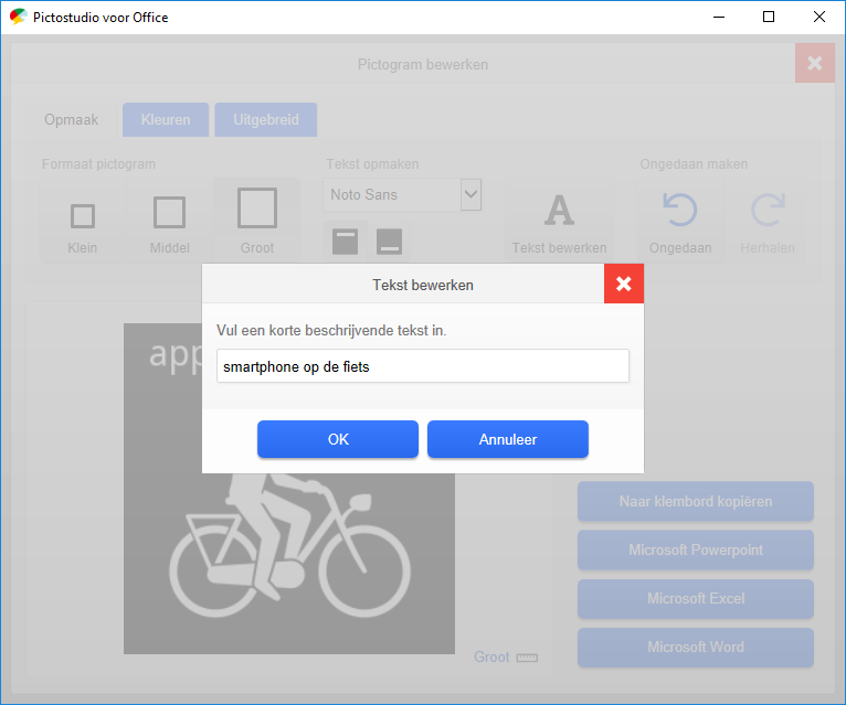 Screenshot pictogram 'appen op de fiets' bewerken in Pictostudio voor Office, tekst bewerken.