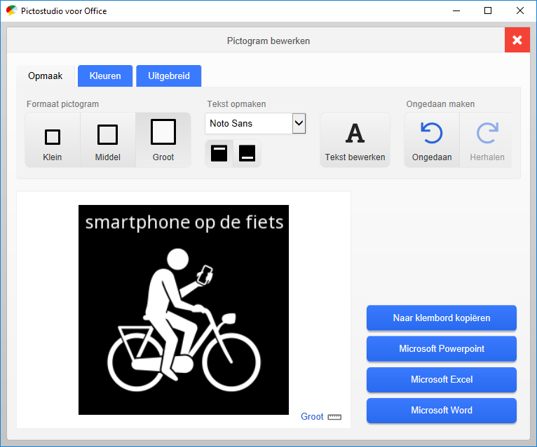 Screenshot pictogram 'appen op de fiets' bewerken in Pictostudio voor Office.