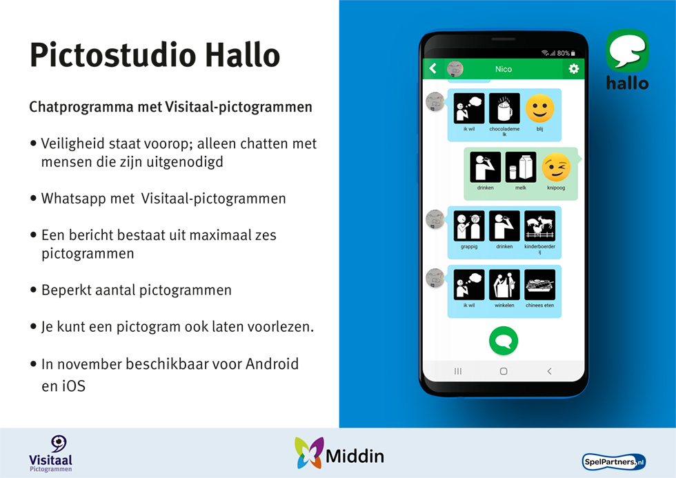 Samenvatting voordelen Pictostudio Hallo met afbeelding van de app op een iPhone.