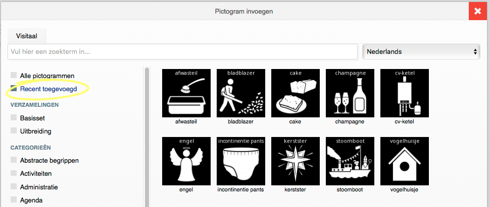 Screenshot met overzicht recent toegevoegde pictogrammen, waaronder afwasteil, bladblazer, cake, champagne, cv-ketel, engel, incontinentie pants, kerstster, stoomboot en vogelhuisje.