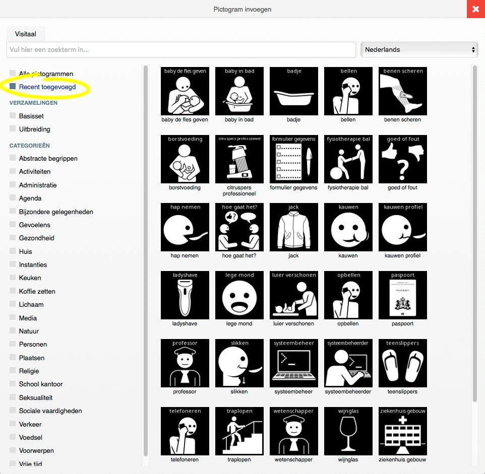 Screenshot met recent toegevoegde pictogrammen.