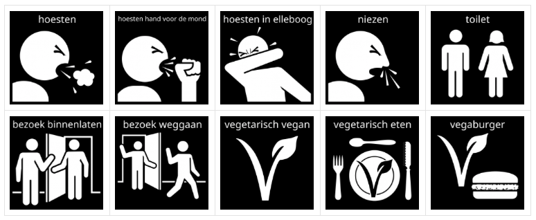 De nieuwe gratis pictogrammen van week 8. Pictogram hoesten, pictogram niezen en meer pictogrammen rondom griep, verkoudheid, vegetarisch eten en op bezoek gaan.
