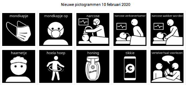 Pictogrammen mondkapje, narcose, verkoeverkamer, wakker worden, haarnetje, hoela hoep, honing, tikkie en vertelverhaal voorlezen.