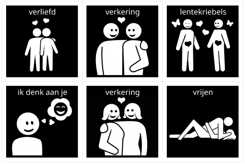 Visitaal-pictogrammen voor verliefd, verkering, lentekriebels, ik denk aan je, verkering en vrijen.