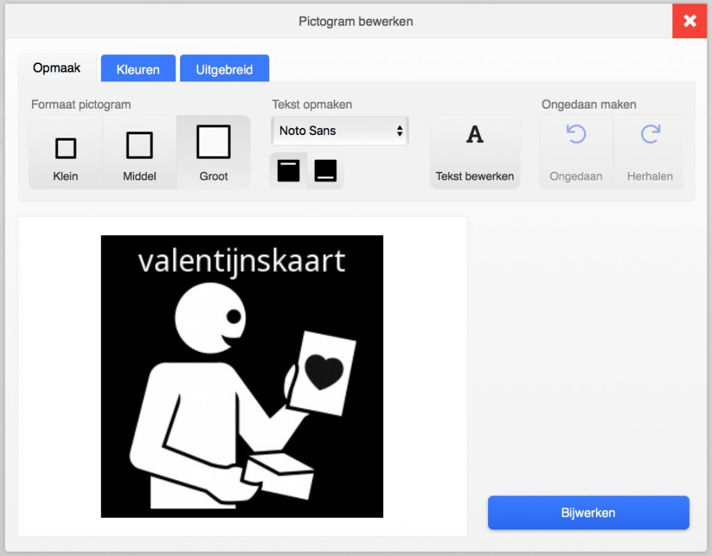 Screenshot pictogram 'valentijnskaart' bewerken in Pictostudio Pro.