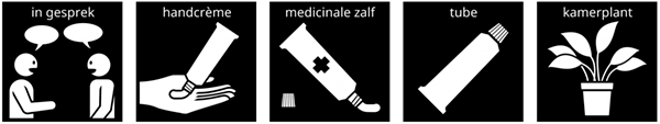 Visitaal-pictogrammen in gesprek, handcrème, medicinale zalf, tube en kamerplant.