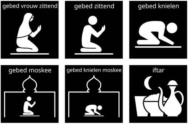 Visitaal-pictogrammen voor gebed vrouw zittend, gebed zittend, gebed knielen, gebed moskee, gebed knielen moskee en iftar.