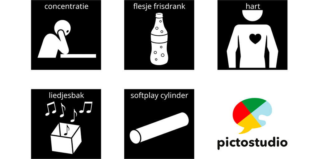 Visitaal-pictogrammen voor concentratie, flesje frisdrank, hart, liedjesbak en softplay cylinder.
