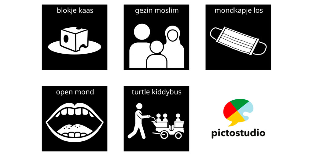 Visitaal-pictogrammen voor blokje kaas, gezin moslim, mondkapje los, open mond en turtle kiddybus.