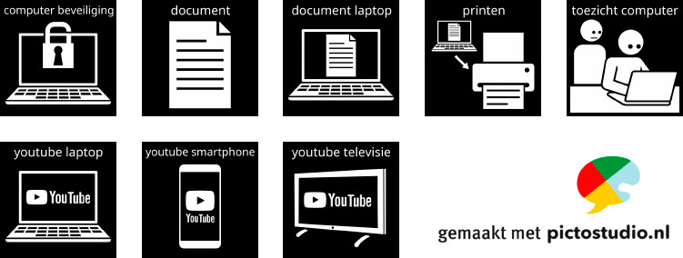 Visitaal-pictogrammen voor computer beveiliging, document, document laptop, printen, toezicht computer, youtube laptop, youtube smartphone, youtube televisie.