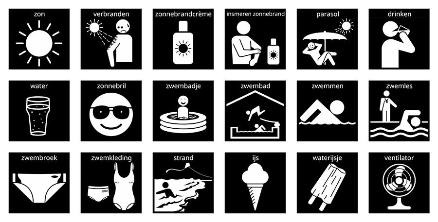 Visitaal-pictogrammen voor zon, verbranden, zonnebrandcrème, parasol, drinken, water, zonnebril, zwembadje, zwembad, zwemmen, zwemles, zwembroek, zwemkleding, strand, ijs, waterijsje en ventilator.