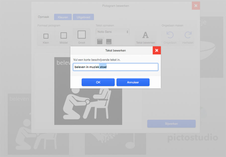 Screenshot pictogram 'beleven in muziek stoel' bewerken, tekst aanpassen in Pictostudio Pro.