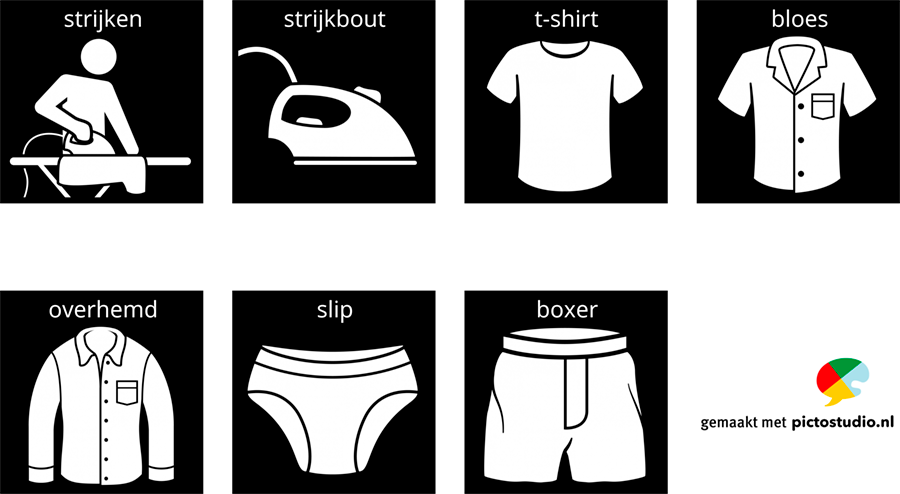 Visitaal-pictogrammen voor strijken, strijkbout, t-shirt, bloes, overhemd, slip en boxer.
