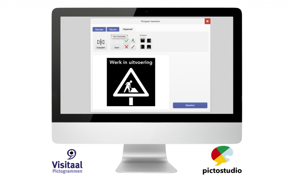 Computerscherm met Pictostudio-venster en pictogram 'werk in uitvoering'.