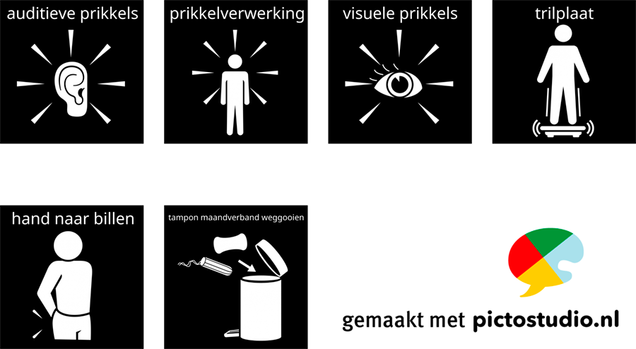 Visitaal-pictogrammen voor auditieve prikkels, prikkelverwerking, visuele prikkels, trilplaat, hand naar billen en tampon maandverband weggooien.