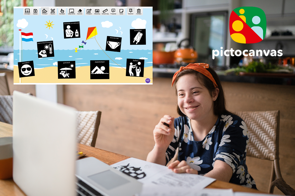 Foto meisje achter laptop, werkt in PictoCanvas aan een online whiteboard.