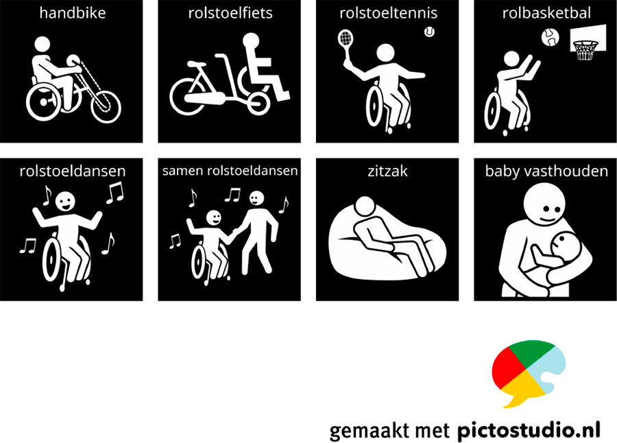 Visitaal-pictogrammen voor handbike, rolstoelfiets, rolstoeltennis, rolbasketbal, rolstoeldansen, samen rolstoeldansen, zitzak en baby vasthouden.