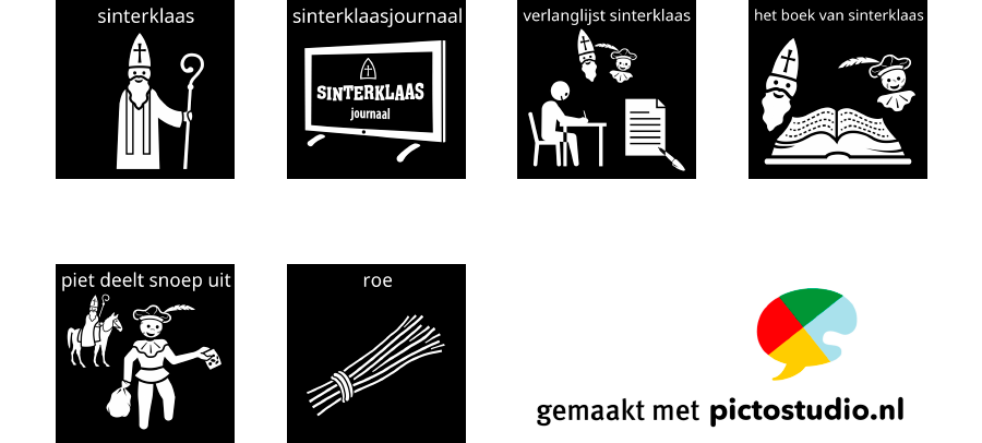 Visitaal-pictogrammen voor sinterklaas, sinterklaasjournaal, verlanglijst, het boek van sinterklaas, piet deels snoep uit en roe.