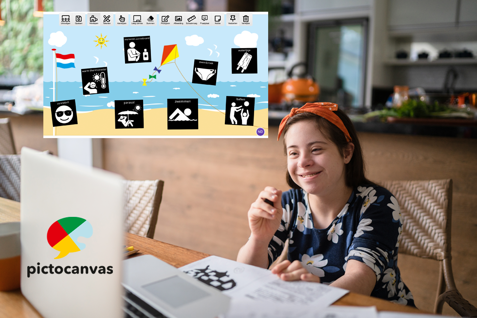 Meisje met een verstandelijke beperking kijkt naar een laptop met PictoCanvas.