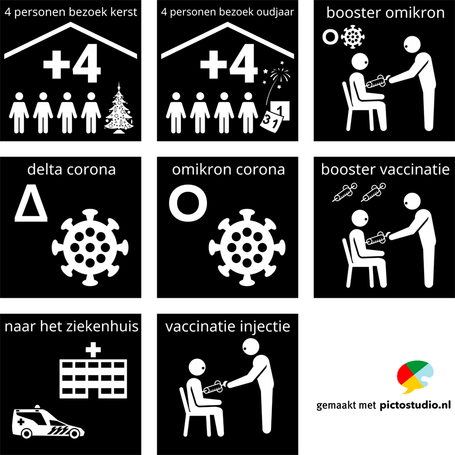 Visitaal-pictogrammen voor 4 personen bezoek kerst, 4 personen bezoek oudjaar, booster omikron, delta corona, omikron corona, booster vaccinatie, naar ziekenhuis, vaccinatie injectie.