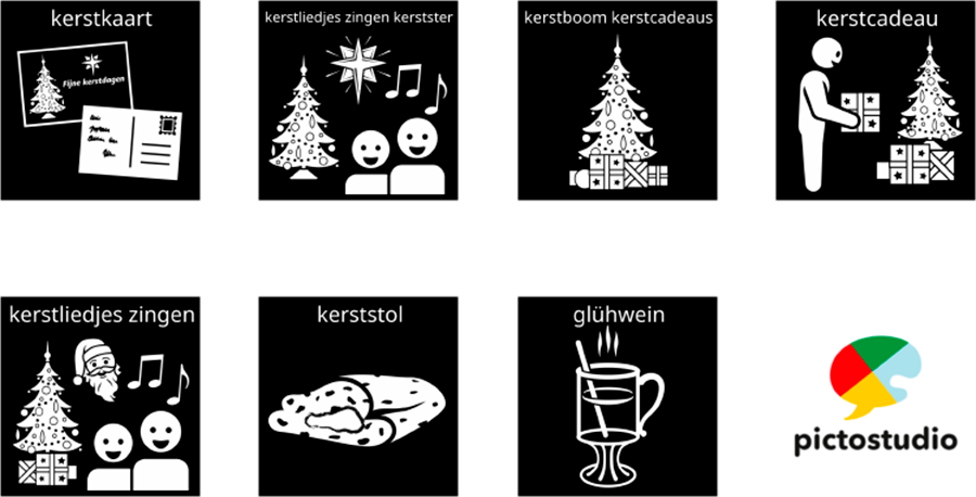 Visitaal-pictogrammen voor kerstkaart, kerstliedjes zingen, kerstboom, kerstcadeau, kerststol en glühwein.