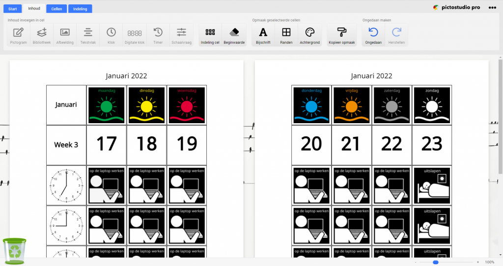 Screenshot ingevuld weekschema Pictostudio Pro.