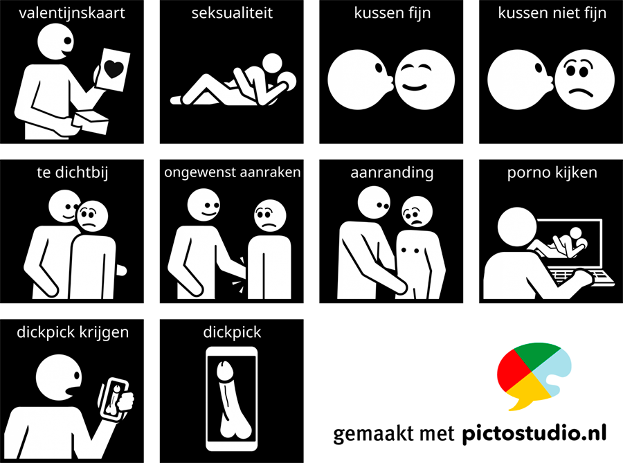 Visitaal-pictogrammen voor valentijnskaart, seksualiteit, kussen fijn, kussen niet fijn, te dichtbij, ongewenst aanraken, aanranding, porno kijken en dickpick krijgen.