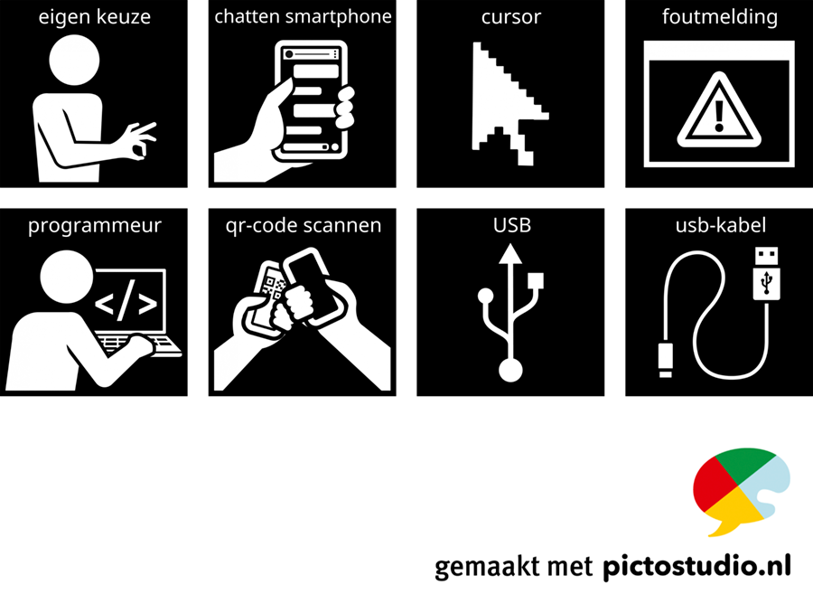 Visitaal-pictogrammen voor eigen keuze, chatten smartphone, cursor, foutmelding, programmeur, qr-code scannen, usb en usb-kabel.