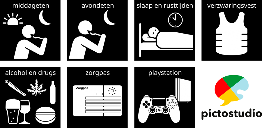Visitaal-pictogrammen voor middageten, avondeten, slaap en rusttijden, verzwaringsvest, alcohol en drugs, zorgpas en playstation.