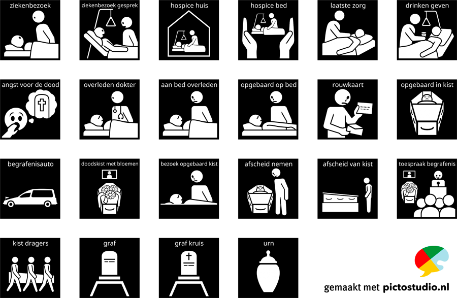 Uitgebreide set Visitaal-pictogrammen over de dood en rouw. Geschikt voor mensen met een (licht) verstandelijke beperking.