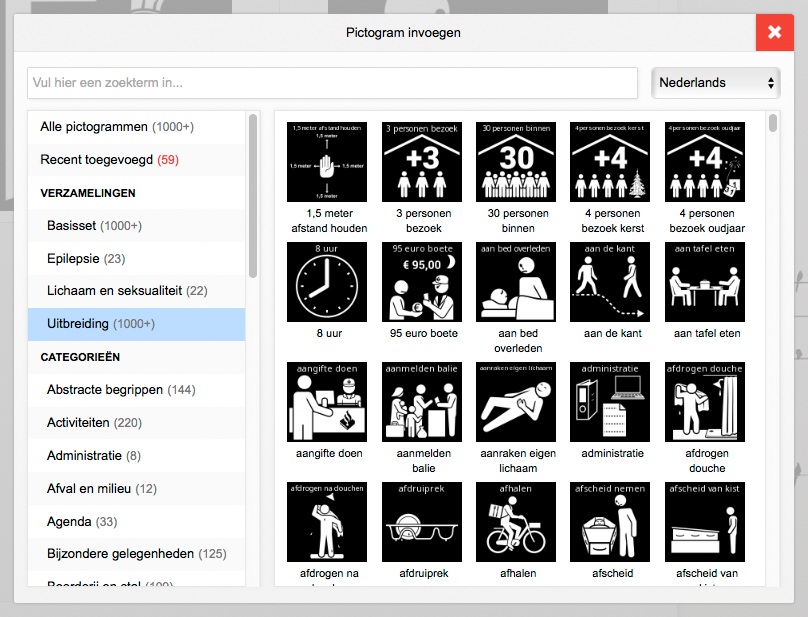 Screenshot Pictostudio Pro met nieuwe pictogrammen in de categorie 'uitbreiding'.