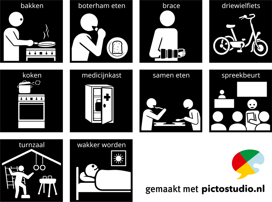 Visitaal-pictogrammen voor bakken, boterham eten, brace, driewielfiets, koken, medicijnkast, samen eten, spreekbeurt, turnzaal en wakker worden.