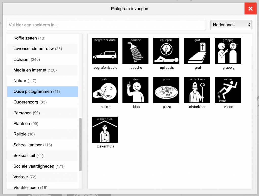 Screenshot pictogram invoegen, categorie 'oude pictogrammen'