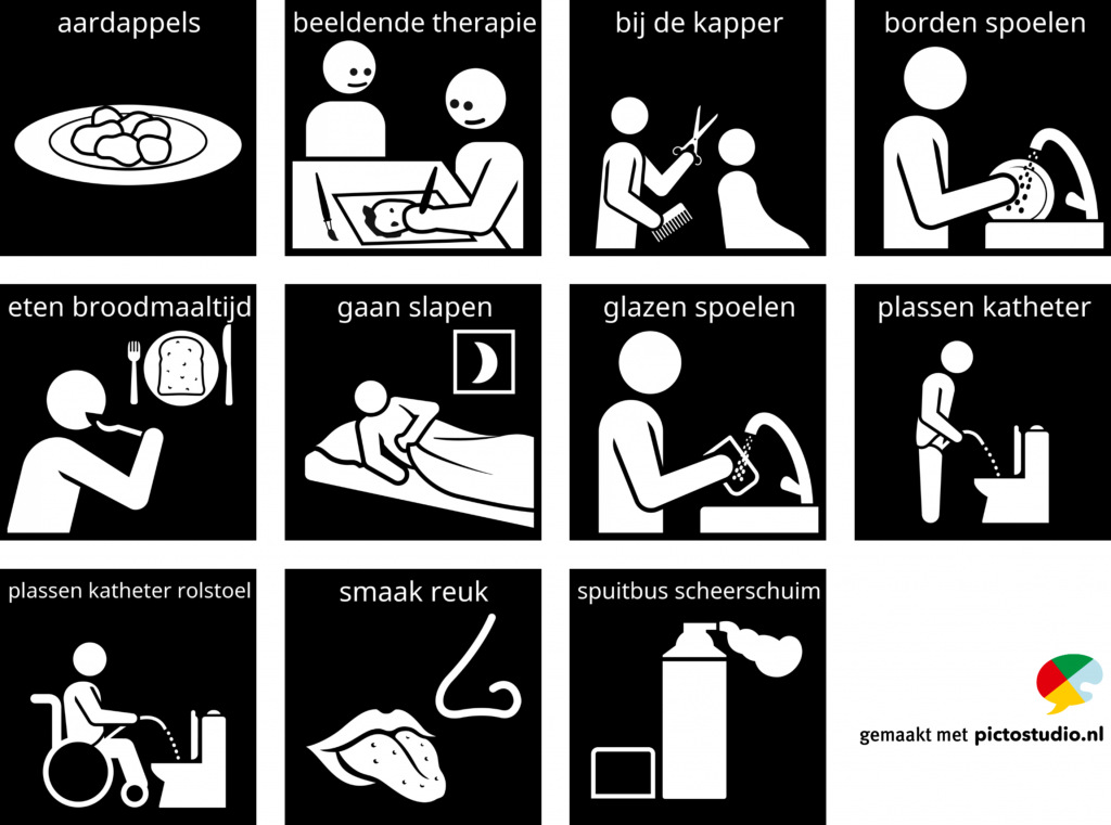 Visitaal-pictogrammen voor aardappels, beeldende therapie, bij de kapper, borden spoelen, eten broodmaaltijd, gaan slapen, glazen spoelen, plassen katheter, plassen katheter rolstoel, smaak reuk en bus scheerschuim.